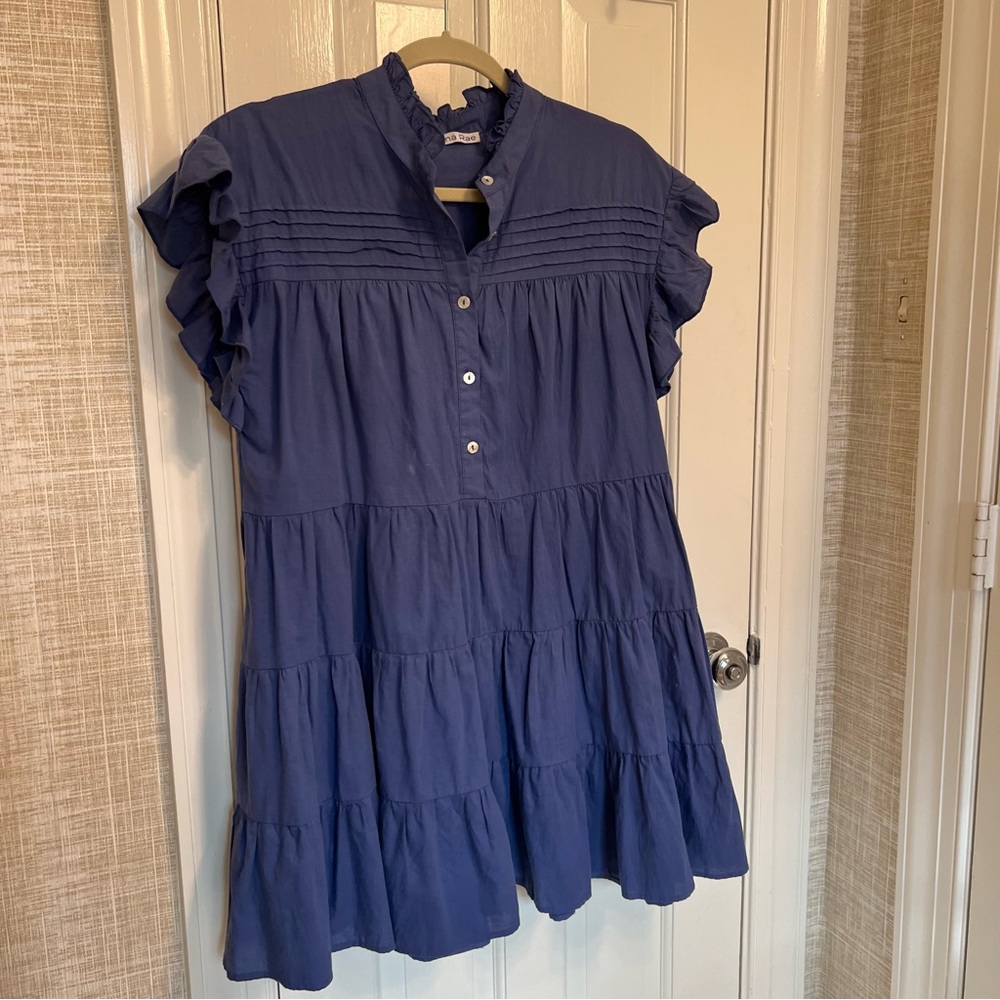 Anna Rae Smock Babydoll Shift Dress Ruffles Short Sleeve Blue XS